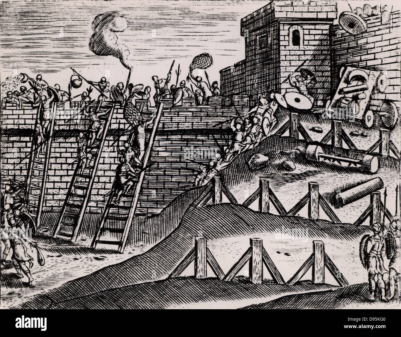 Roman soldiers attacking the walls of a fortress with scaling ladders, slings and spears, while the defenders are holding them off with nets, hot liquid, spears and various missiles. From 'Poliorceticon sive de machinis tormentis telis' by Justus Lipsius  (Joost Lips), Antwerp, 1605. Stock Photo