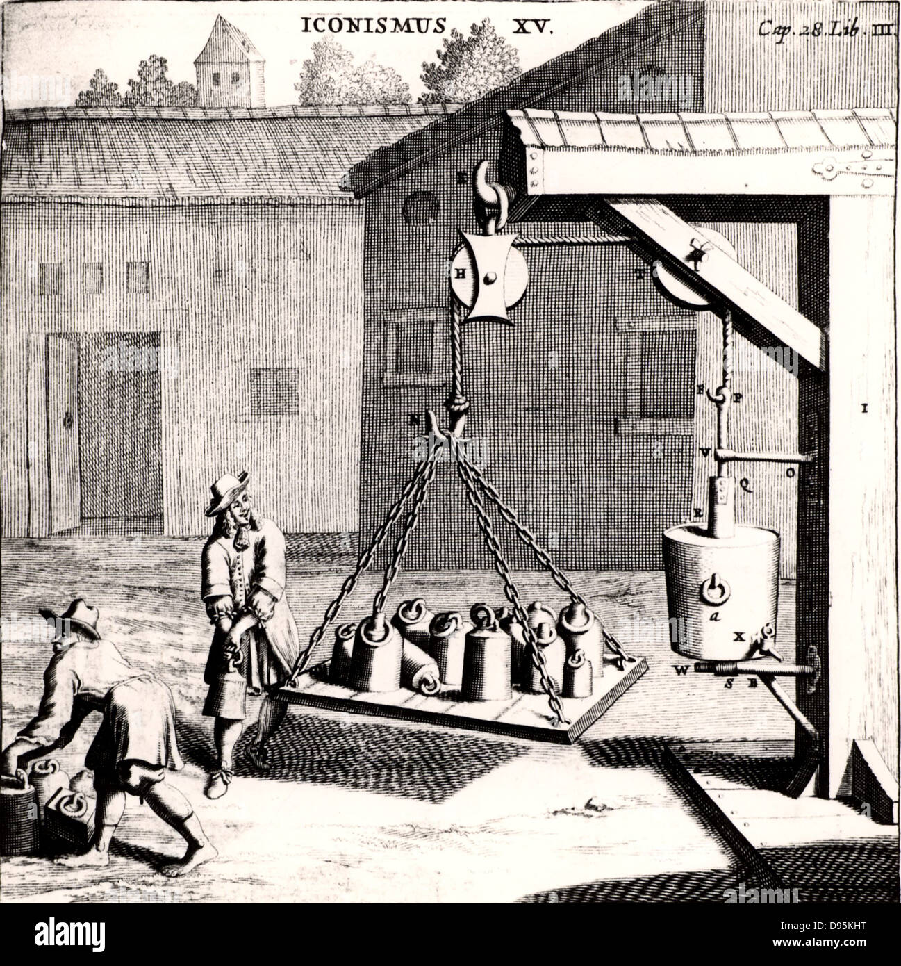 Demonstrating the strength of a vacuum. Vessel from which air has been evacuated mounted in frame.  A rope attached is passed over two pulley wheels.  On a wooden platform hung from the end of the rope weights were added until the vacuum was overpowered.  From 'Experimental Nova' by Otto von Guericke (Amsterdam, 1672).  Engraving. Stock Photo