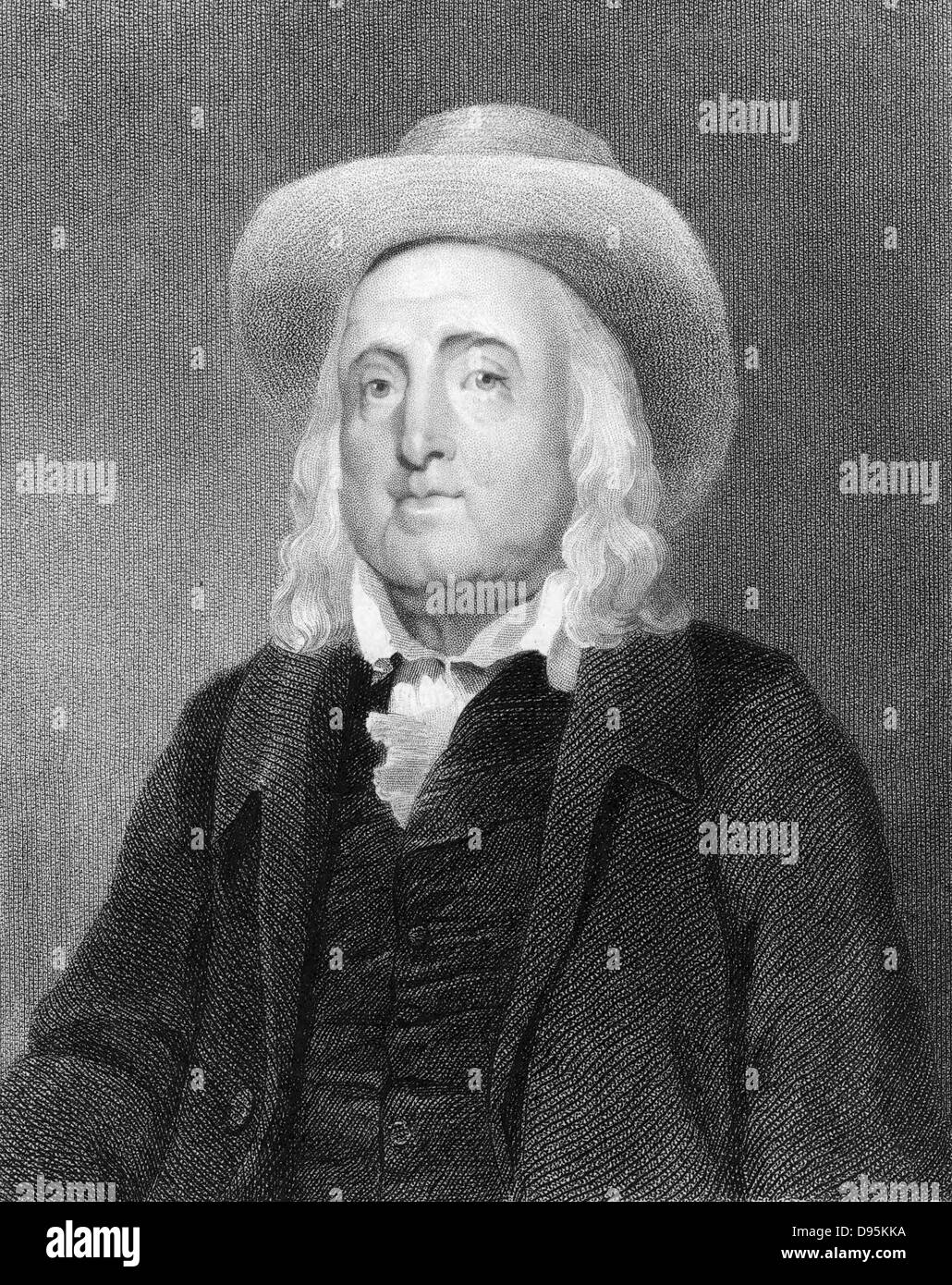 Jeremy Bentham (1748-1832) English social reformer and philosopher (Utilitarianism) A founder of University College, London. Engraving Stock Photo