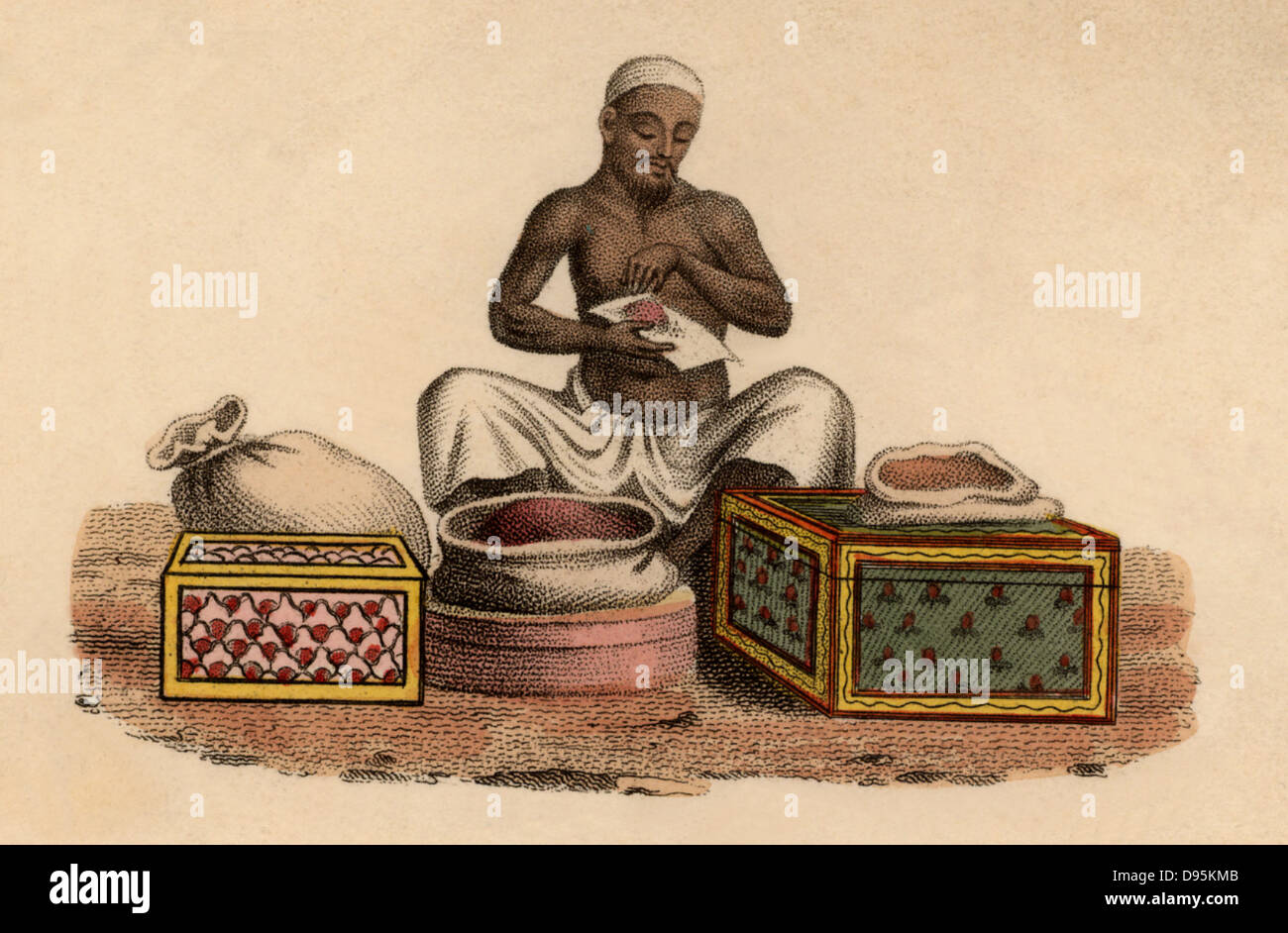Indian Perfumer: hand-coloured engraving published Rudolph Ackermann, London, 1822. Stock Photo