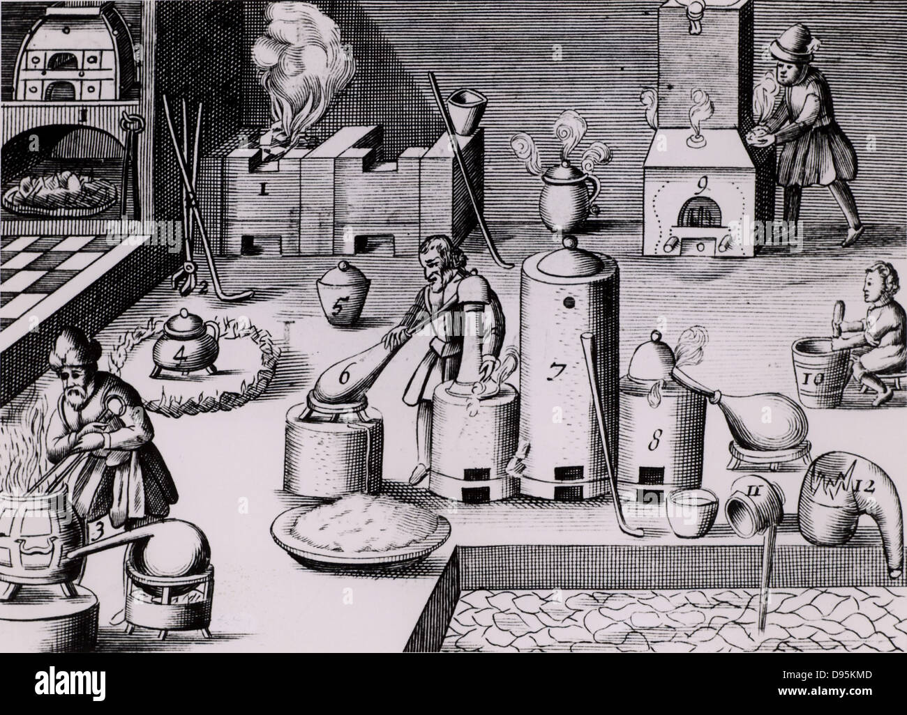 Assay laboratory with various forms of furnace including and athanor or 'Slow Harry', 7, self-stoking furnace for cementation, 9, and barrel-shaped furnace, 3, in which draught supplied by steam from water in container placed over hot charcoals.  At 4 a crucible is being gradually heated in a ring of burning coals: to increase the heat coals could be raked into a smaller circle. From 1683 English edition of Lazarus Ercker  'Beschreibung allerfurnemisten mineralischen Ertzt- und Berckwercksarten' originally published in Prague in 1574. Copperplate engraving. Stock Photo