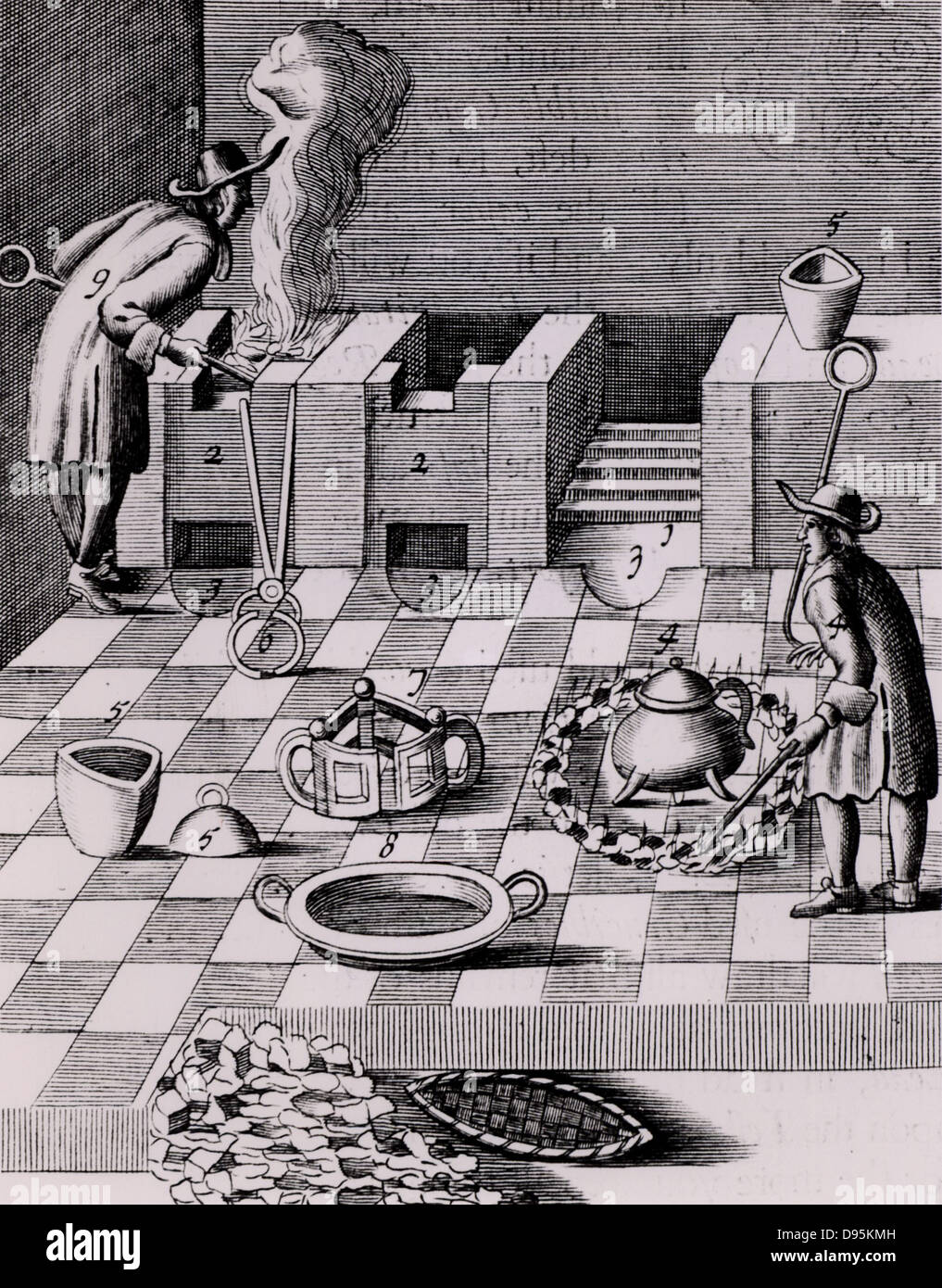 Refining gold: furnaces, 2,2, and operator, 9.  The man near 4 is gradually heating a crucible surrounded by a ring of burning coals: to increase the heat coals were be raked into a smaller circle. From 1683 English edition of Lazarus Ercker  'Beschreibung allerfurnemisten mineralischen Ertzt- und Berckwercksarten' originally published in Prague in 1574. Copperplate engraving. Stock Photo