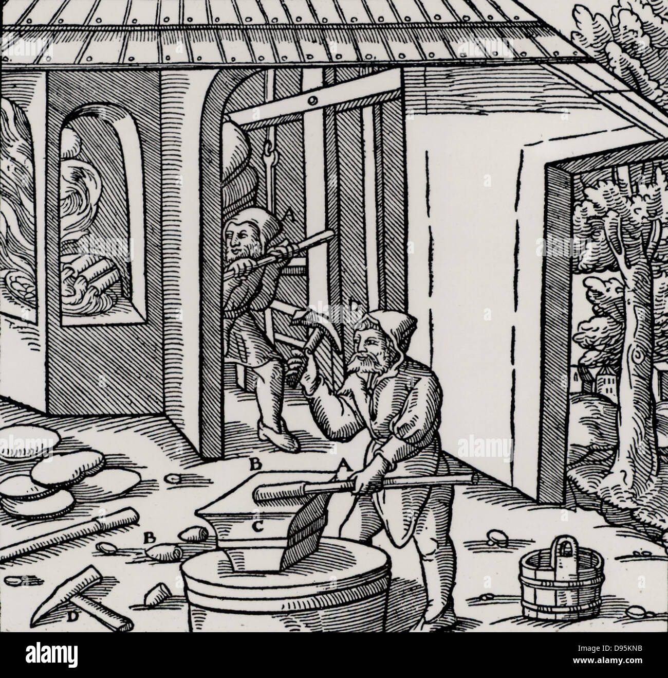 Refining copper in a furnace.  In the foreground a coating of copper is being hammered off an iron bar.  This was a method of testing to see if the metal was sufficiently refined. From 'De re metallica', by Agricola, pseudonym of Georg Bauer (Basle, 1556) Stock Photo