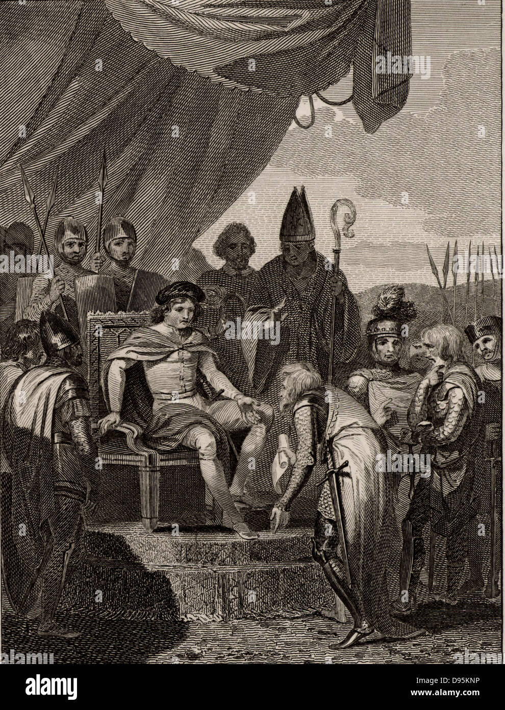 The English Barons presenting Magna Carta to King John (1167-1216, king of England from 1199) at Runnymede, near Windsor.  Magna Carta, the Great Charter of Liberties which the king signed on 15 June 1215 under threat of civil war. From 'The Imperial History of England' by John Watkins (London, 1832). Engraving. Stock Photo