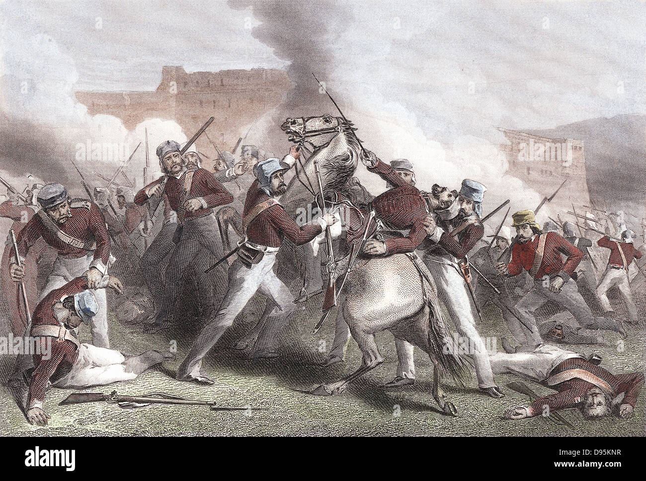 Indian Mutiny 1857-1859, also known as the Sepoy Mutiny or the Great War of Independence: Death of Brigadier Adrian Hope during British attack on Fort Roodamow 15 April 1858. Hand-coloured engraving. Stock Photo