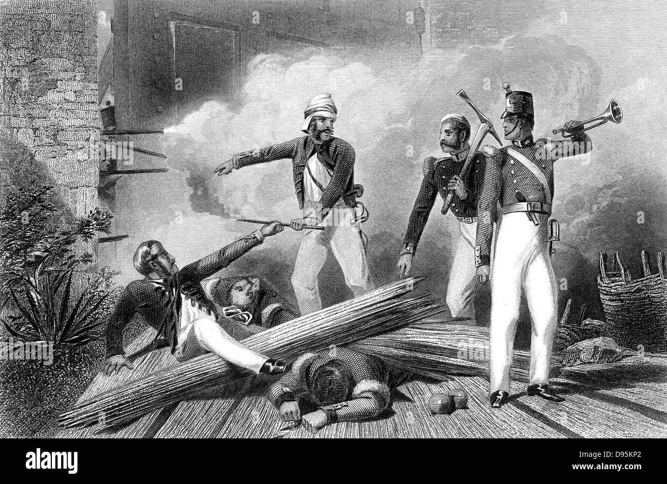 Indian Mutiny 1857-1859, also known as the Sepoy Mutiny or the Great War of Independence: blowing up of the Cashmere Gate, Delhi. Shot through arm and leg, Lieutenant Salkeld hands aslow match to Corporal Burgess who was mortally wounded just after lighting charge. Engraving. Stock Photo