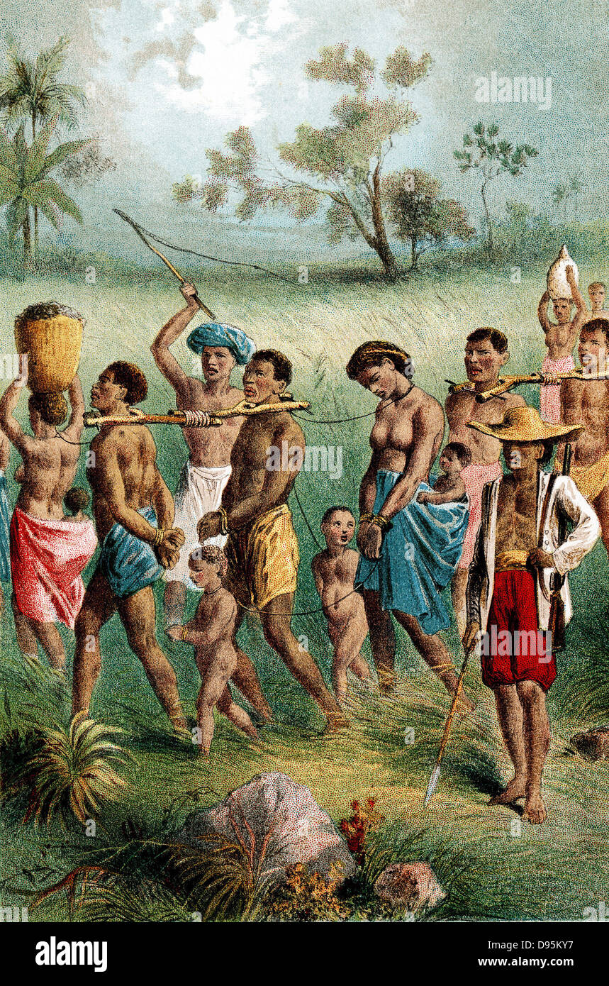 Band of male, female and child captives driven into slavery by Arab slave traders. Men are fastened together with slave forks.  From 'The Life and Explorations of David Livingstone' c1875. Chromolithograph Stock Photo