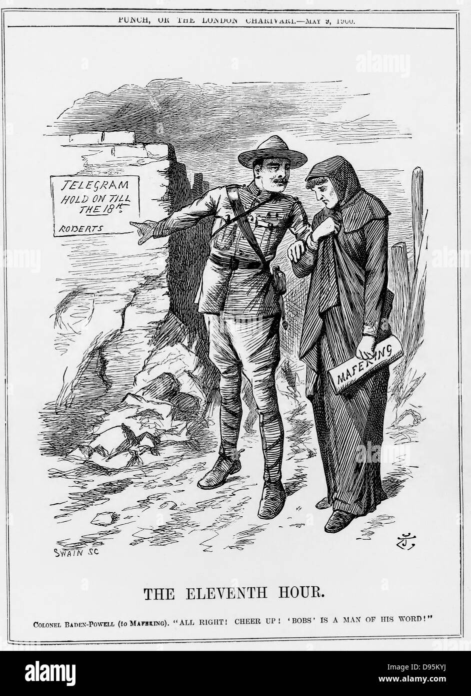 Boer War: Baden Powell encouraging Mafeking to hold out. Lord Roberts promised to relieve them by 18 May. John Tenniel cartoon from 'Punch' 9 May 1900. Stock Photo