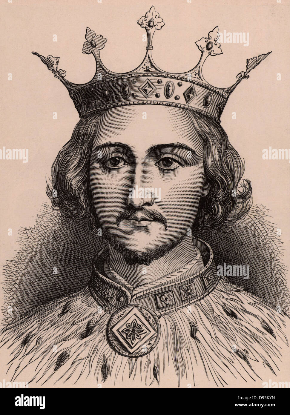 Richard II (1367-1400) king of England from 1377; forced to abdicate in September 1399 in favour of Henry Bolingbroke (Henry IV). Died, probably murdered, in Pontefract Castle early in 1400.  A member of the Plantagenet dynasty.  Wood engraving c1900. Stock Photo