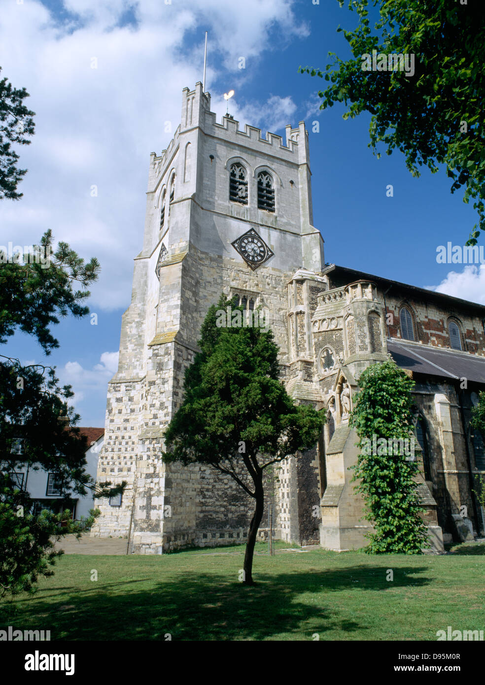 The west tower of Holy Cross and St Lawrence's Church, Waltham Abbey, built 1556 as a buttress against the former Augustinian monastic church. Stock Photo