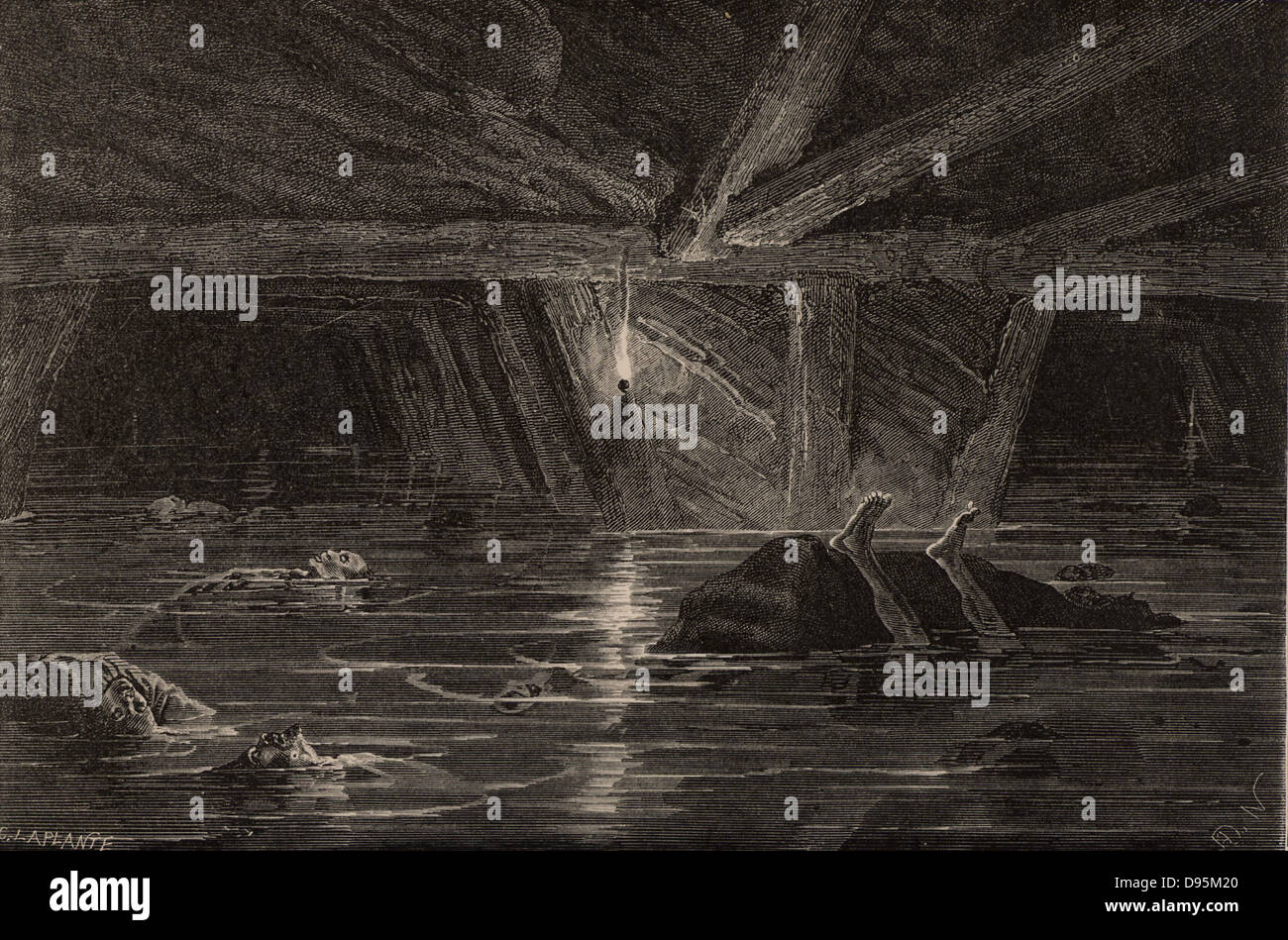 Inundation in a mine. Flooded mine workings with bodies of miners drowned in the disaster.  From  'Underground Life; or, Mines and Miners' by Louis Simonin (London, 1869). Wood engraving. Stock Photo