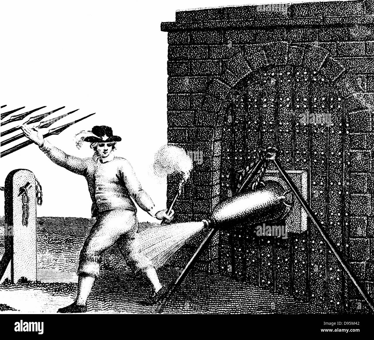 Normal method of applying a petard (explosive device) to the gate of a fortress. The fuse has just been lit and the Fusilier is retreating quickly in order not to be 'hoist with his own petard'. Stipple engraving c1800. Stock Photo