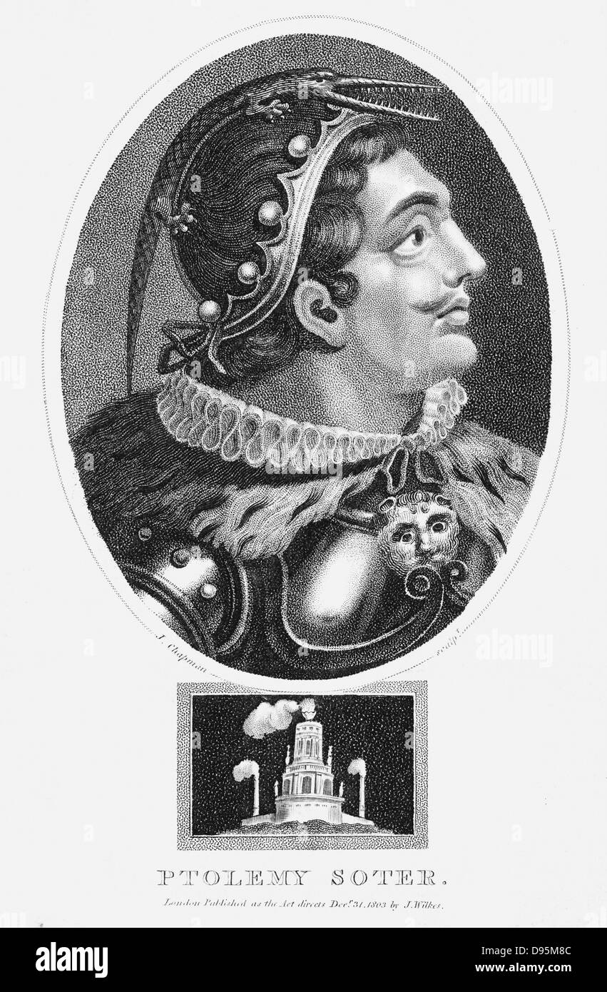 Ptolemy I, Soter (d283 BC). One of greatest generals of Alexander the Great, on whose death he became king of Egypt, founding the Ptolemaic dynasty which ended with Cleopatra VII. Stipple engraving 1803. Stock Photo