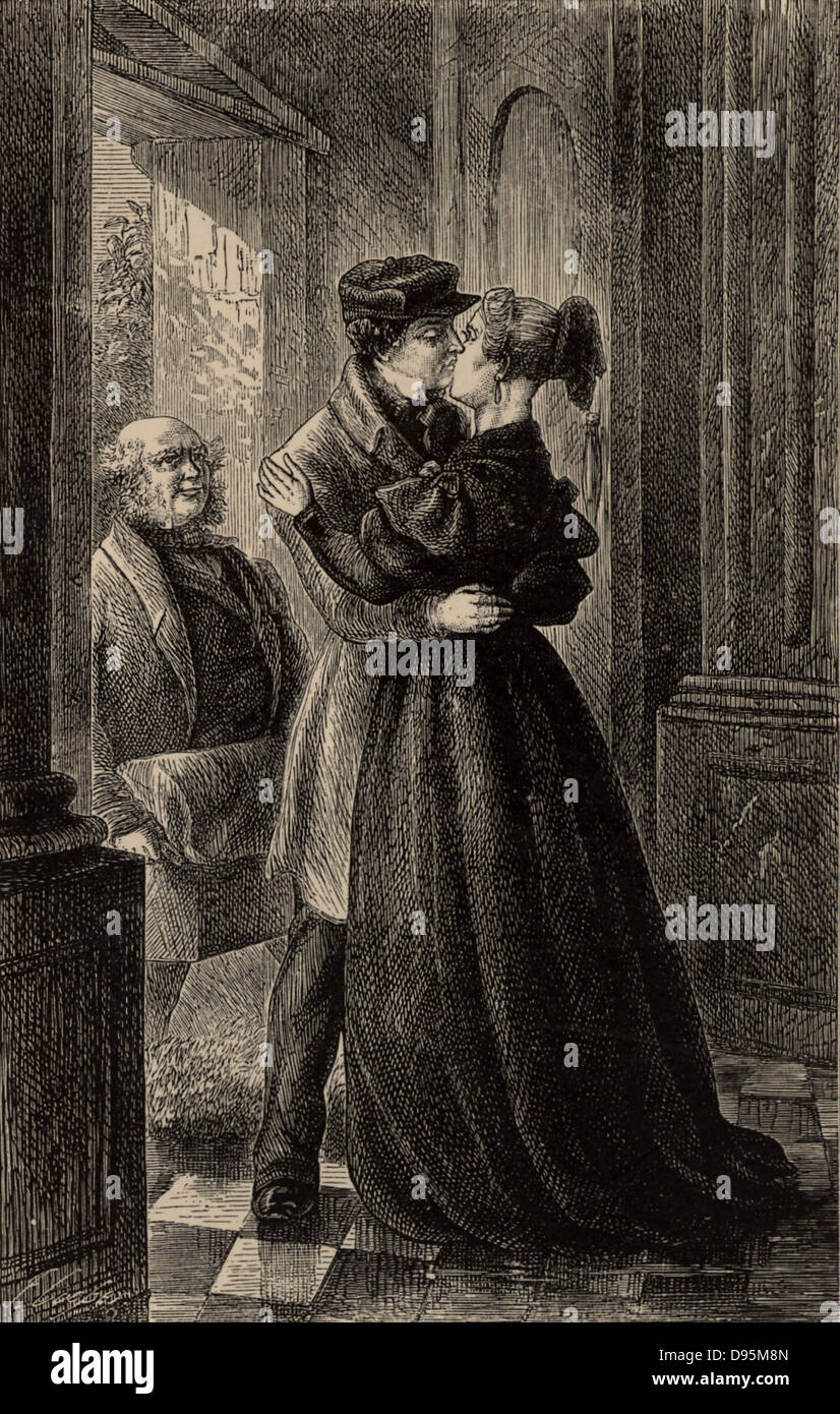 Harold Transome arriving home to take up his inheritance on the death of his elder brother, is welcomed by his mother.    'Felix Holt the Radical' novel set in the period of the Reform Act (1832) by George Eliot (pseudonym of Mary Ann, or Marian, Evans), Stock Photo