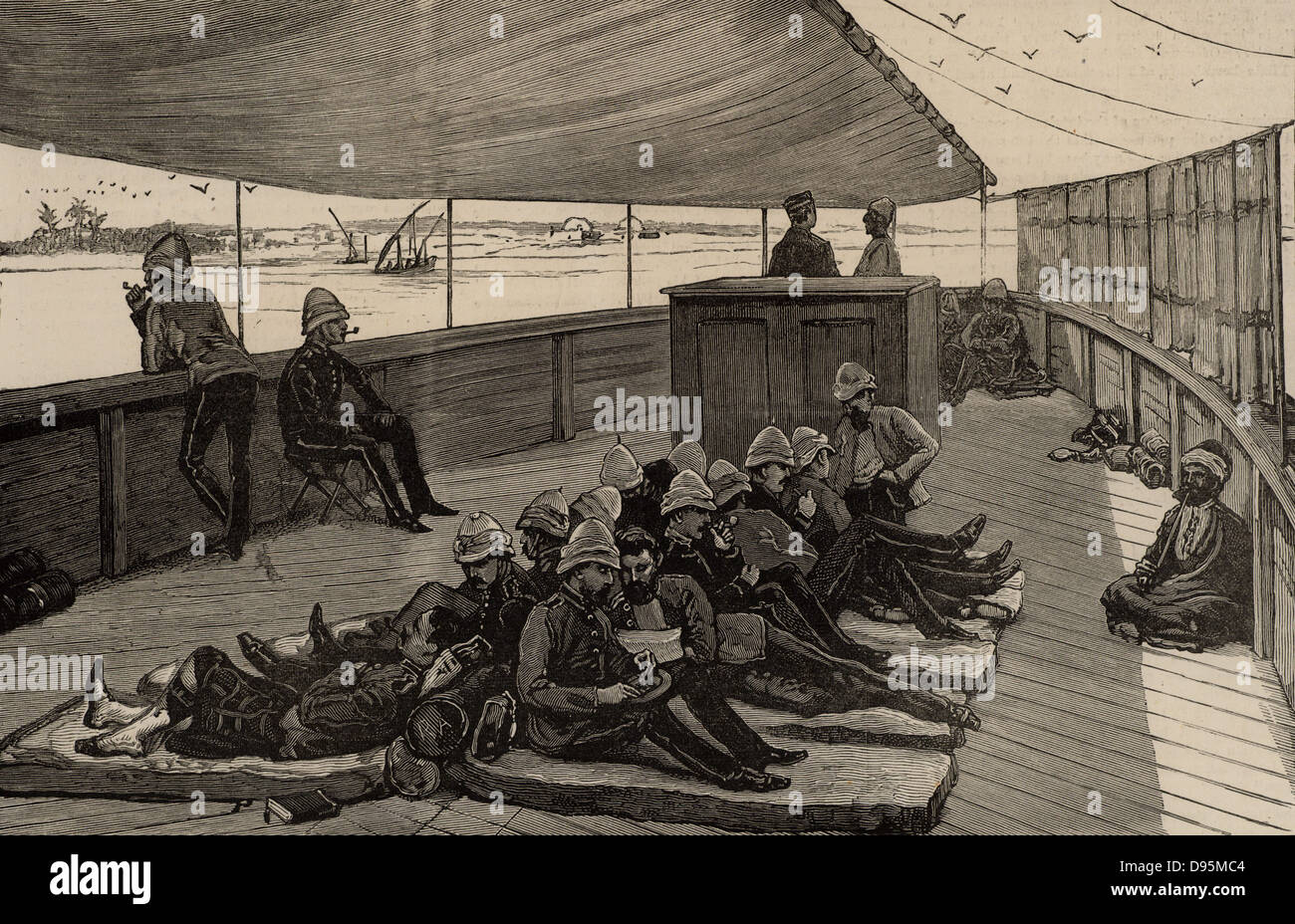 Invalid soldiers of the British army occupying Egypt travelling up the Nile by steam boat for a fortnight of convalesance.  From 'The Illustrated London News' (2 December 1882). Engraving. Stock Photo