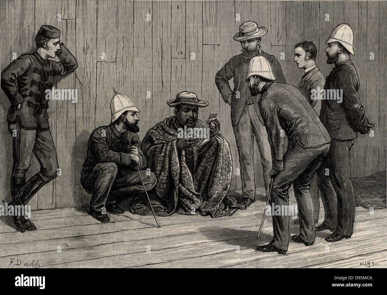 Cetawayo or Cetewayo (d1884) king of Zululand, South Africa 1873-1883.  During the Anglo-Zulu war of 1879 Cetawayo was defeated at Ulundi and taken prisoner.  Here he is shown a prisoner in Cape Town receiving visitors. Illustration by Frank Dadd (1851-1929) English artist and illustrator.  From 'The Illustrated London News' (London, 25 October 1879). Engraving. Stock Photo