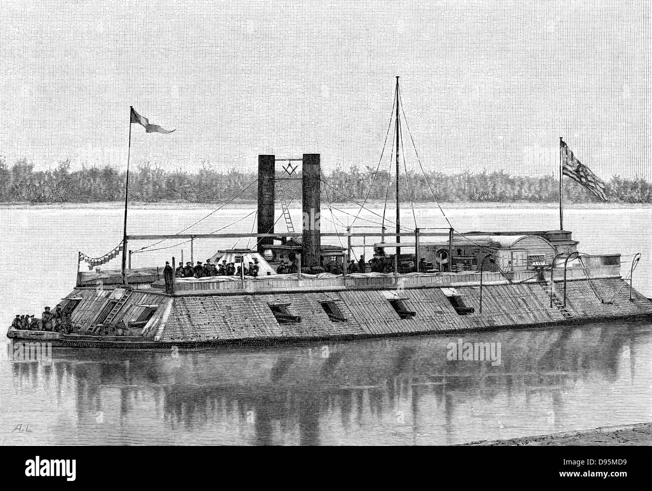 St Louis', James Buchanan Eads' earliest ironclad gunboat employed by Unionist (northern) side in American Civil War 1861-1865. Sunk by torpedo in 1863.  Engraving. Stock Photo
