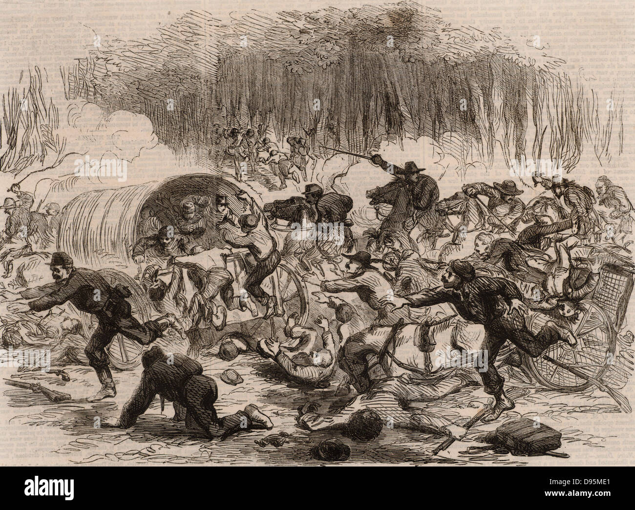 American Civil War 1861-1865. First Battle of Bull Run (Manassas, Virginia). Defeat and stampede of the Union troops, 21 July 1861. From 'The Illustrated London News' (London, 1861). Engraving. Stock Photo