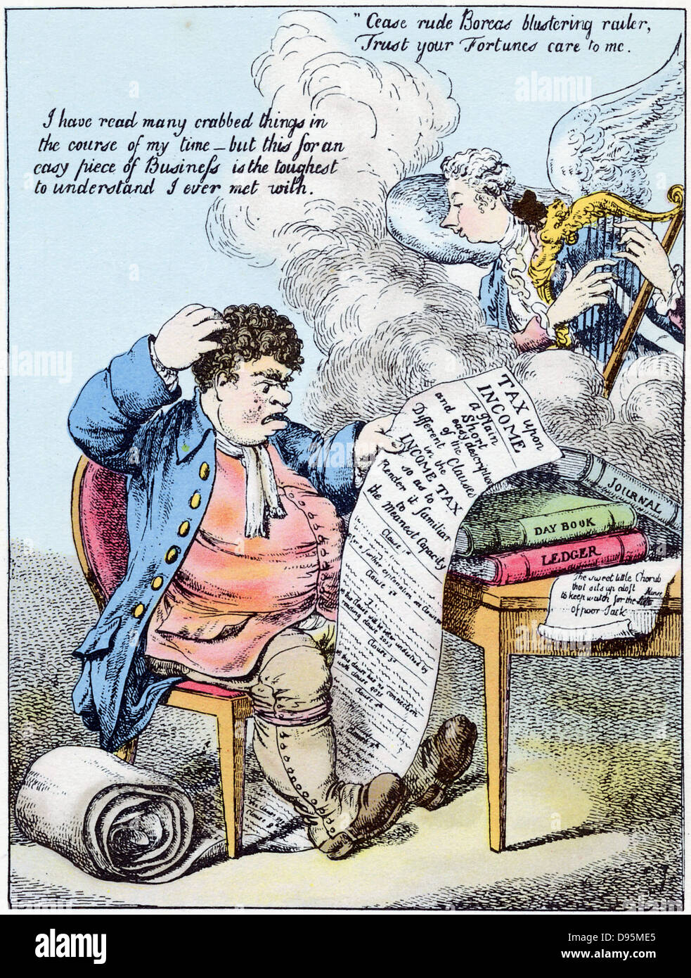 Income Tax: John Bull scratches his head at William Pitt's (1759-1806) introduction of Income Tax. Pitt is shown as angel playing harp.  Hand-coloured cartoon in style of Gillray: 1798. Stock Photo