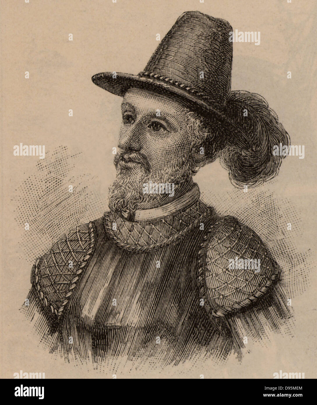 Juan Ponce De Leon (1460-1521) Spanish soldier and public servant who sailed with Columbus on his second voyage. Appointed by the Spanish government fo colonise Puerto Rico. Discovered Florida in April 1513. Late 19th century engraving. Stock Photo
