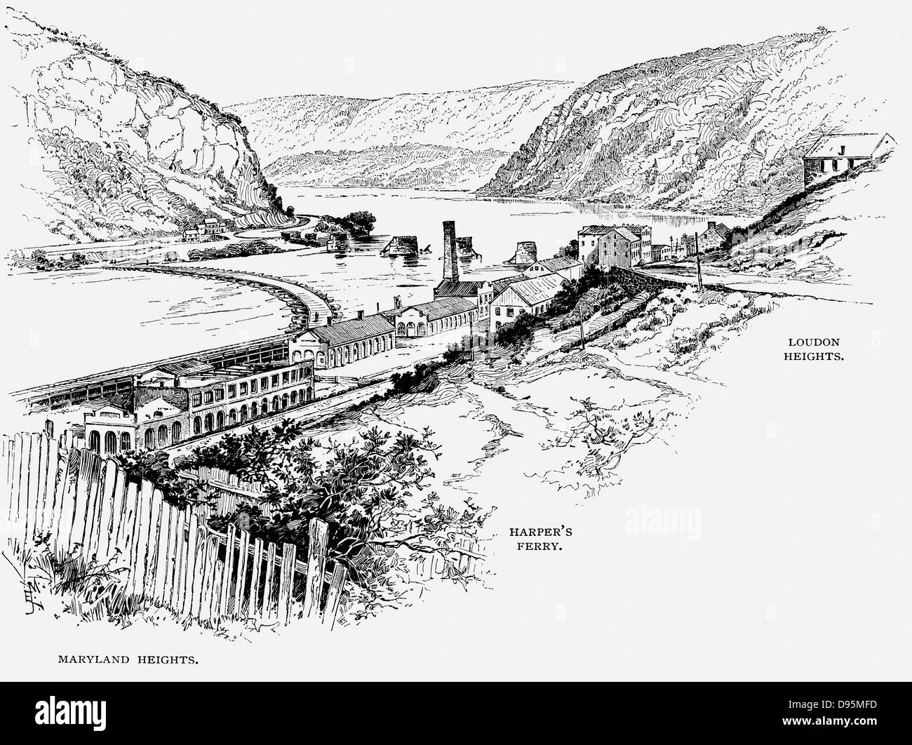 Harper's Ferry where, on 18 October 1856, the  slave rebellion led by John Brown ended in engine house to left of track leading down to ferry. Engraving c1870. Stock Photo