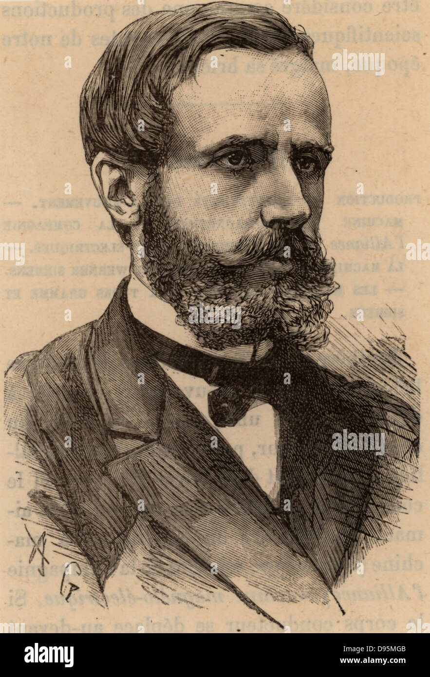 (Raymond) Gaston Plante (1834-1889) French physicist who in 1859 invented the first accumulator or electric storage battery.  It was a wet cell with two lead plates immersed in sulphuric acid, the electrolyte. Engraving from 'Les Merveilles de la Science' by Louis Figuier (Paris, c1870). Engraving. Stock Photo