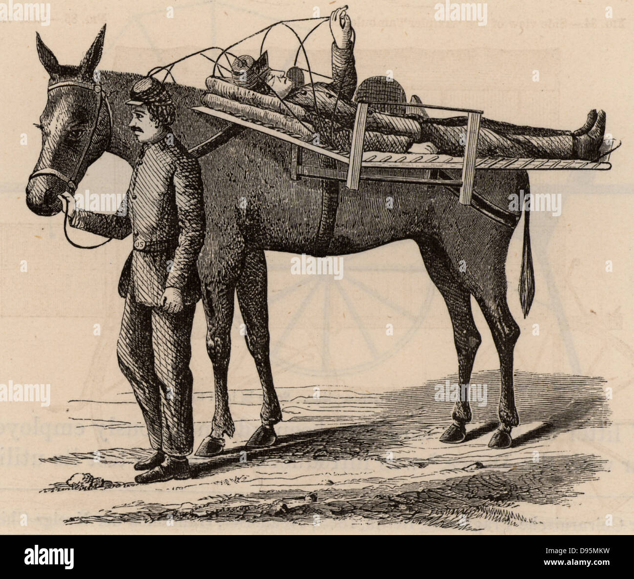 American Civil War 1861-1865. Casualty being transported by horse litter. Wood engraving 1865. Stock Photo