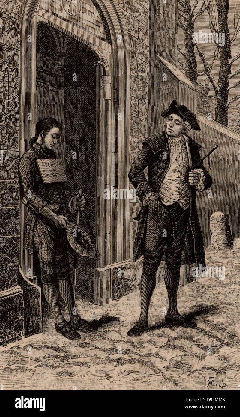 Valentin Hauy (1745-1822) French educationalist, giving alms to a blind beggar. Hauy devoted most of his life to the education of the blind, opening a school for the blind in Paris in 1784. From 'Le Journal de la Jeunesse' (Paris, 1883). Engraving. Stock Photo