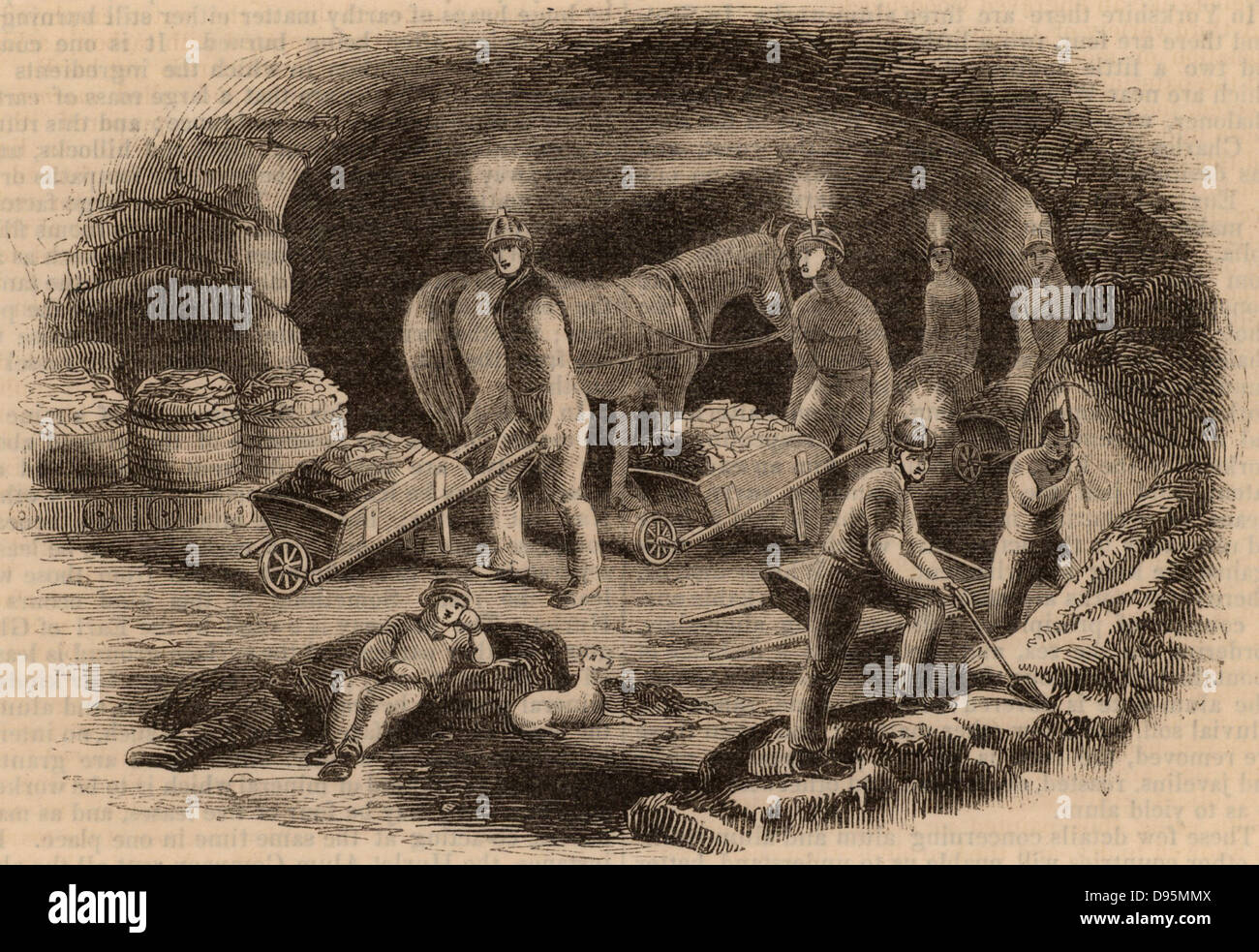 Hurlet alum mine near Glasgow, Scotland, showing miners extracting ore.  Light is provided by candles fixed to their helmets. From 'The Penny Magazine' (London, October 1843).  Engraving. Stock Photo