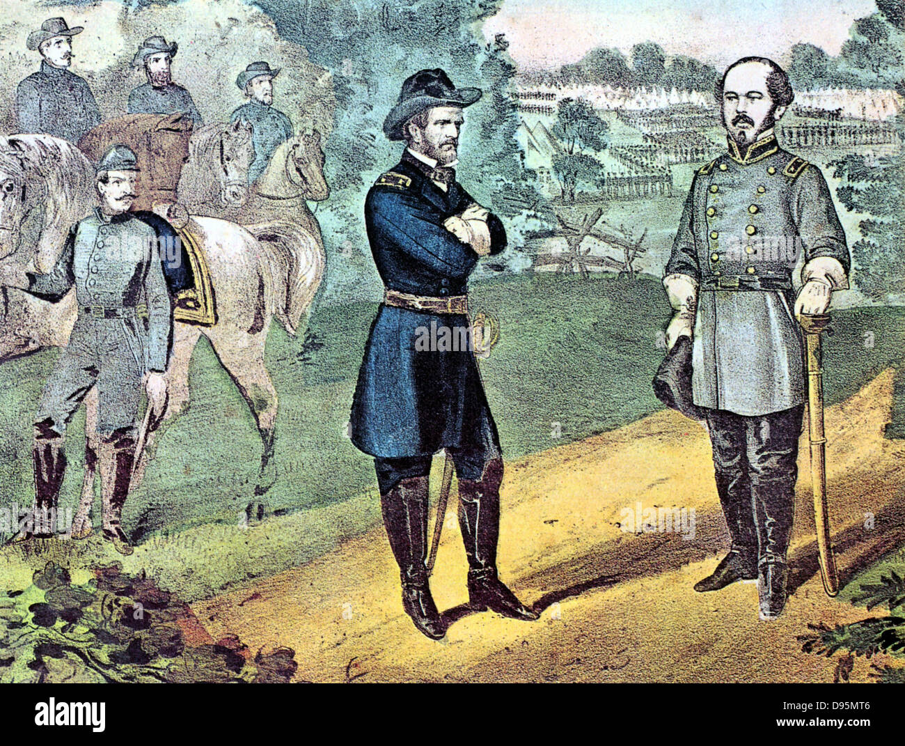 American Civil War 1861-1865: William Tecumseh Sherman (1820-1891) left, Unionist (northern) general, meeting General Joseph E Johnston to discuss terms of surrender of Confederate (southern) forces in North Carolina. After Currier & Ives lithograph. Stock Photo