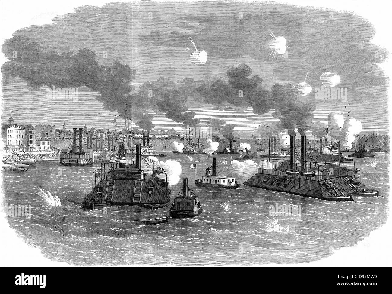 American Civil War 1861-1865: Destruction of the Confederate (Southern) flotilla by Unionist armoured gunboats at Memphis, Tennessee, July 1862. Wood engraving. Stock Photo