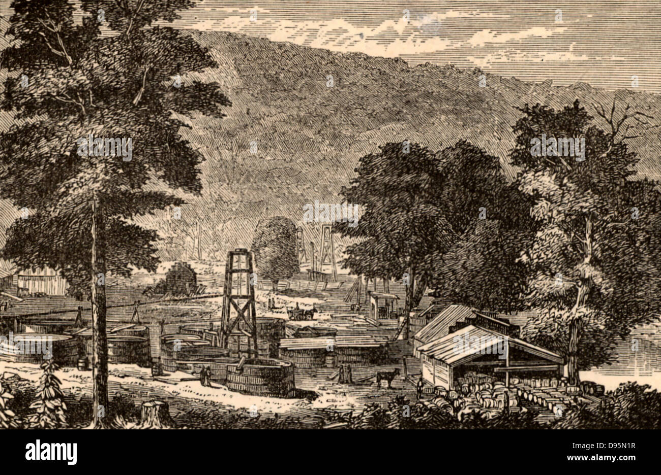 Oil wells at Hyde and Egbert's Farm, Oil Creek, 150 miles up the Allegheny River from Pittsburgh, Pennsylvania, USA.  Engraving from 'Discoveries and Inventions of the Nineteenth Century' by Robert Routledge (London. 1876).  Hydrocarbon. Stock Photo