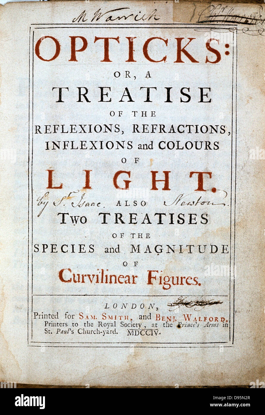 Isaac Newton (1642-1727) English scientist and mathematician. Title page of his 'Opticks' 2nd edition London 1794. Stock Photo