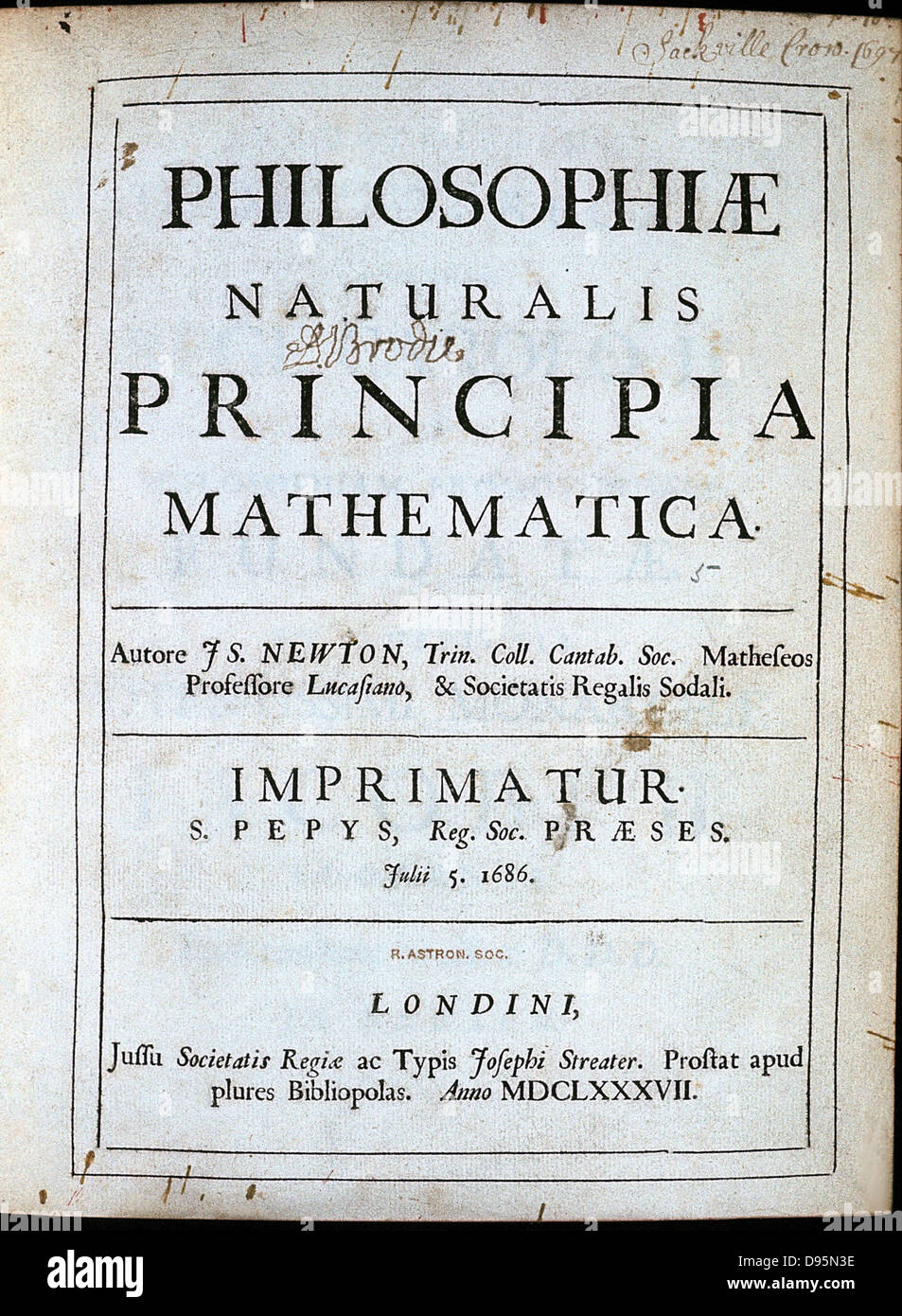 Isaac Newton (1642-1727) English scientist and mathematician. Title page of his 'Philosophiae Naturalis Principia Mathematica' London 1687. Stock Photo