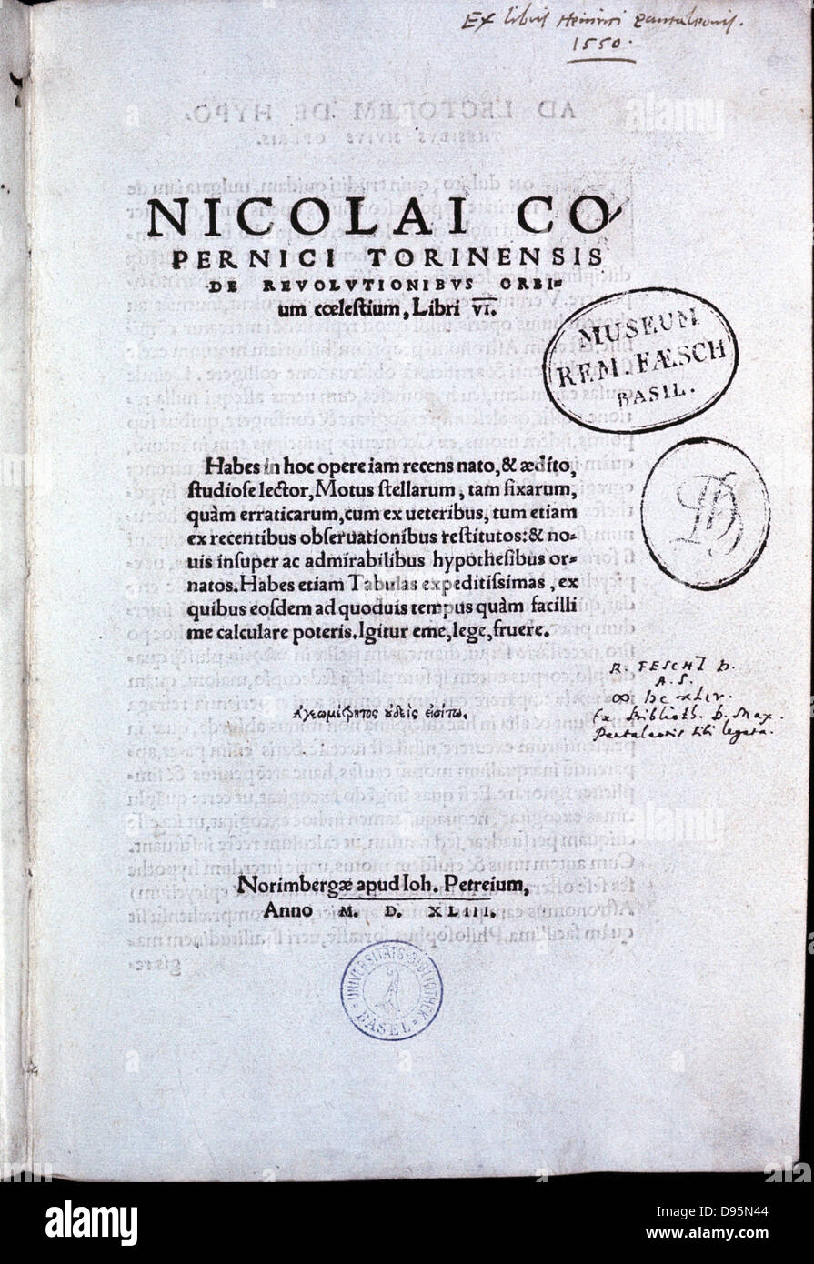 Nicolas Copernicus (1473-1543) Polish astronomer. Title page of his 'De revolutionibus orbium coelestium' Nuremberg 1543 which contained his heliocentric (sun-centred) theory of the universe. Stock Photo