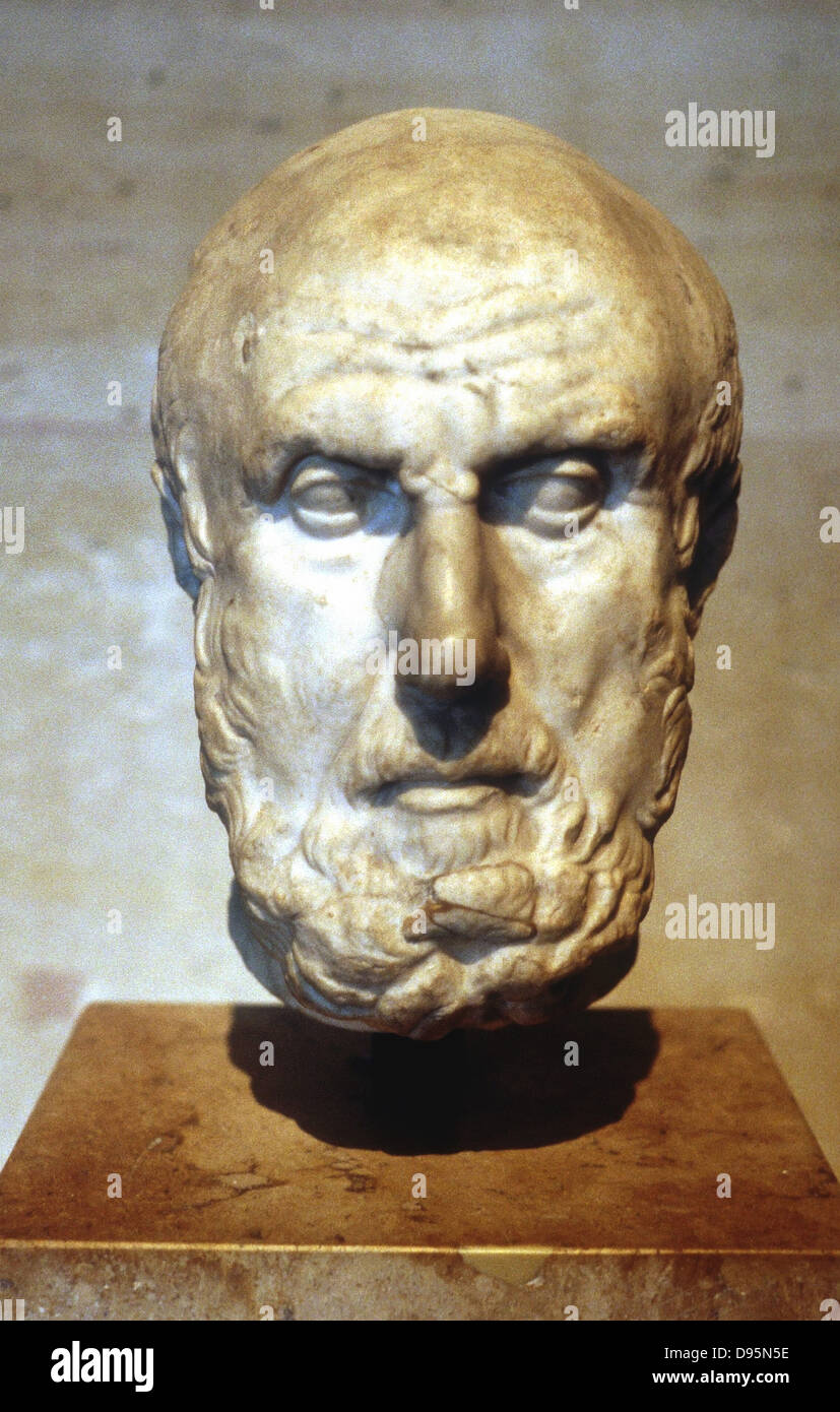 Hippocrates of Cos (c460-377 or 359 BC) Ancient Greek physician called 'the father of medicine'.  Portrait bust. Louvre, Paris. Stock Photo