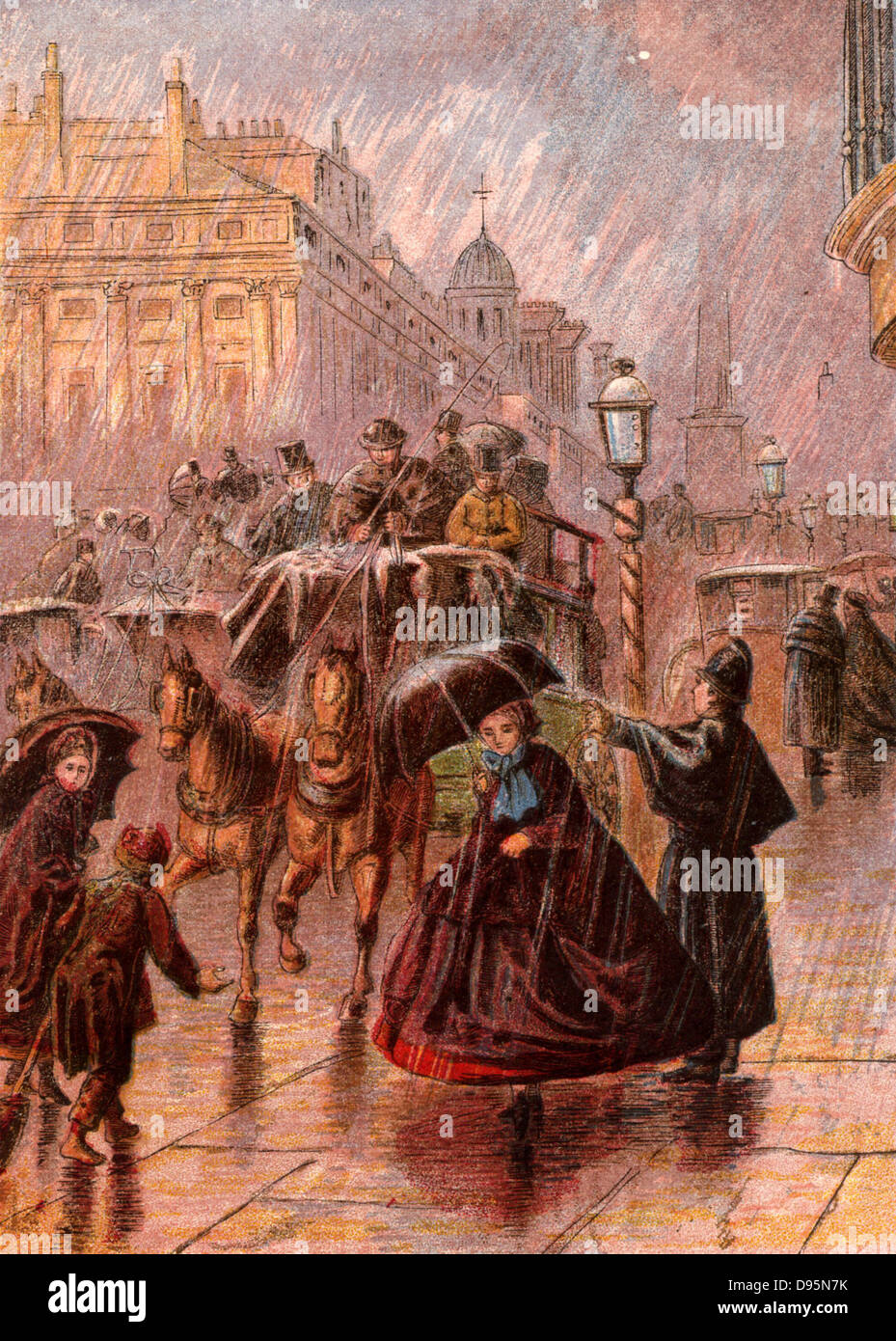 Busy street scene in London, England, on a rainy day. A policeman in a Macintosh cape points out the way, ladies hold their open umbrellas in an effort to keep themselves dry. Horse-drawn buses and hansom cabs pass along the wet road.  Kronheim chromolith Stock Photo