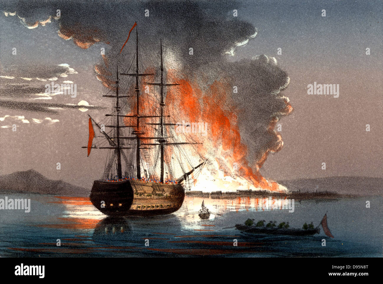 Crimean (Russo-Turkish) War 1853-1856. Burning of the redout at Kale (Canakkale) at the mouth of the Dardanelles (the Hellespont). Hand-coloured lithograph published in Italy 1857. Stock Photo