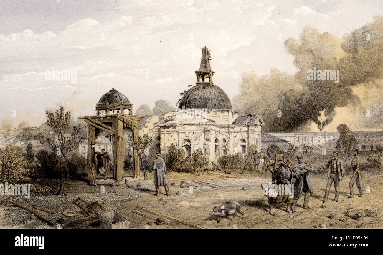Russo-Turkish (Crimean) War 1853-1856. Siege of Sebastopol (Sevastopol) October 1854 to September 1855. Damaged church at the back of the Redan as it appeared after the Russian surrender 11 September 1855. Illustration by William Simpson for 'Illustration of the War in the East'. 1855-1856. Tinted lithograph. Stock Photo