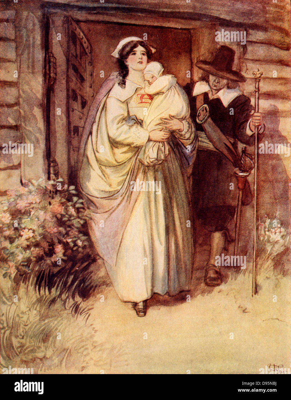 Scene from 'The Scarlet Letter' (1850) novel by the American author Nathaniel Hawthorne (1804-1864). Set in the times of the dour Puritan pioneers of New England the heroine, Hester Prynne, has to wear the scarlet letter A for Adultery embroidered on her bodice.  Here she is being led to the public pillory.  Illustration by Hugh Thomson (1860-1920) for an edition published in 1820. Halftone. Stock Photo