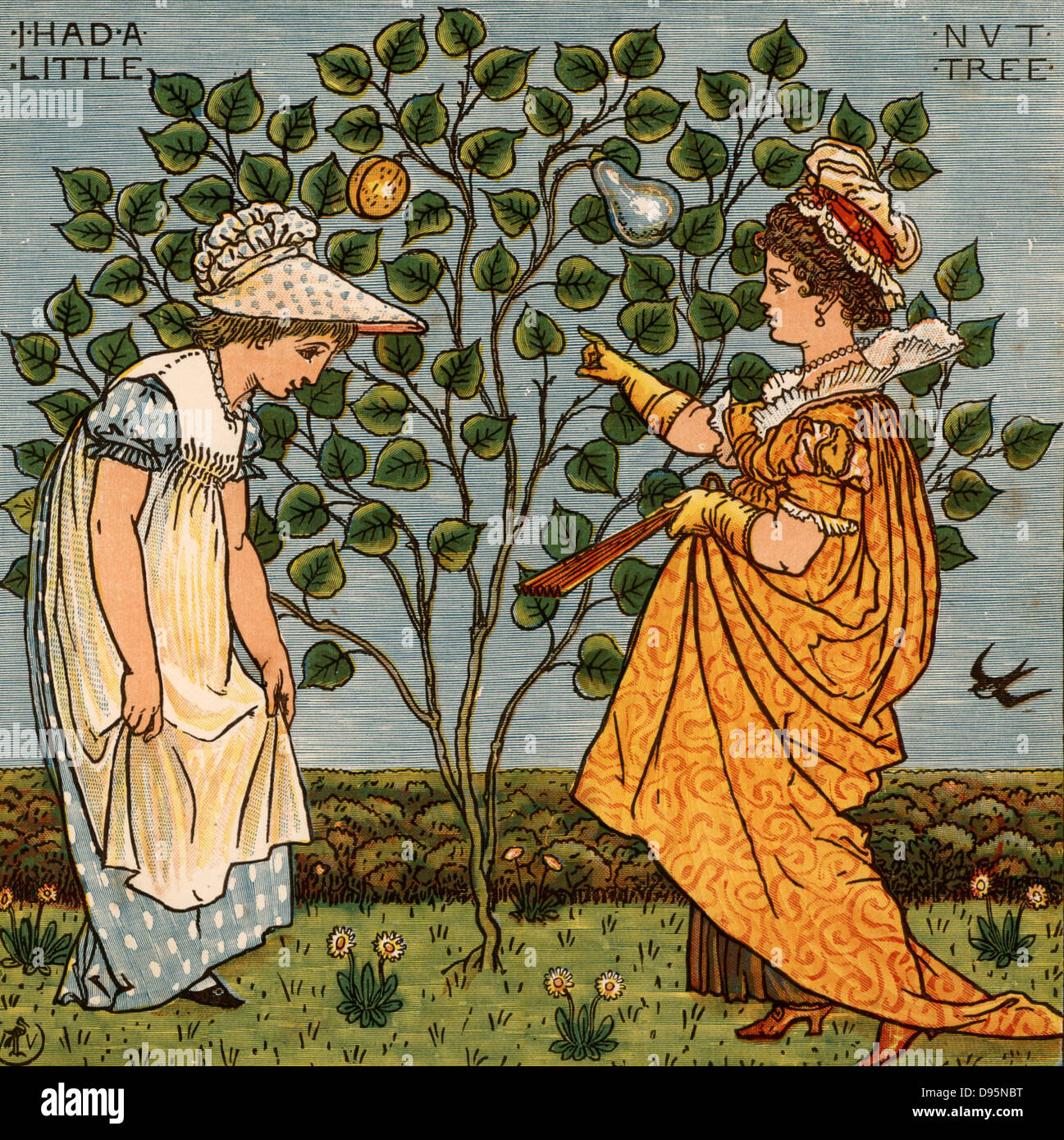 I had a little nut tree and nothing would it bear. Illustration by the English artist  Walter Crane (1845-1915) for a book of nursery rhymes 'Sing a Song of Sixpence'  (London, 1866). Colour-printed wood engraving. Stock Photo
