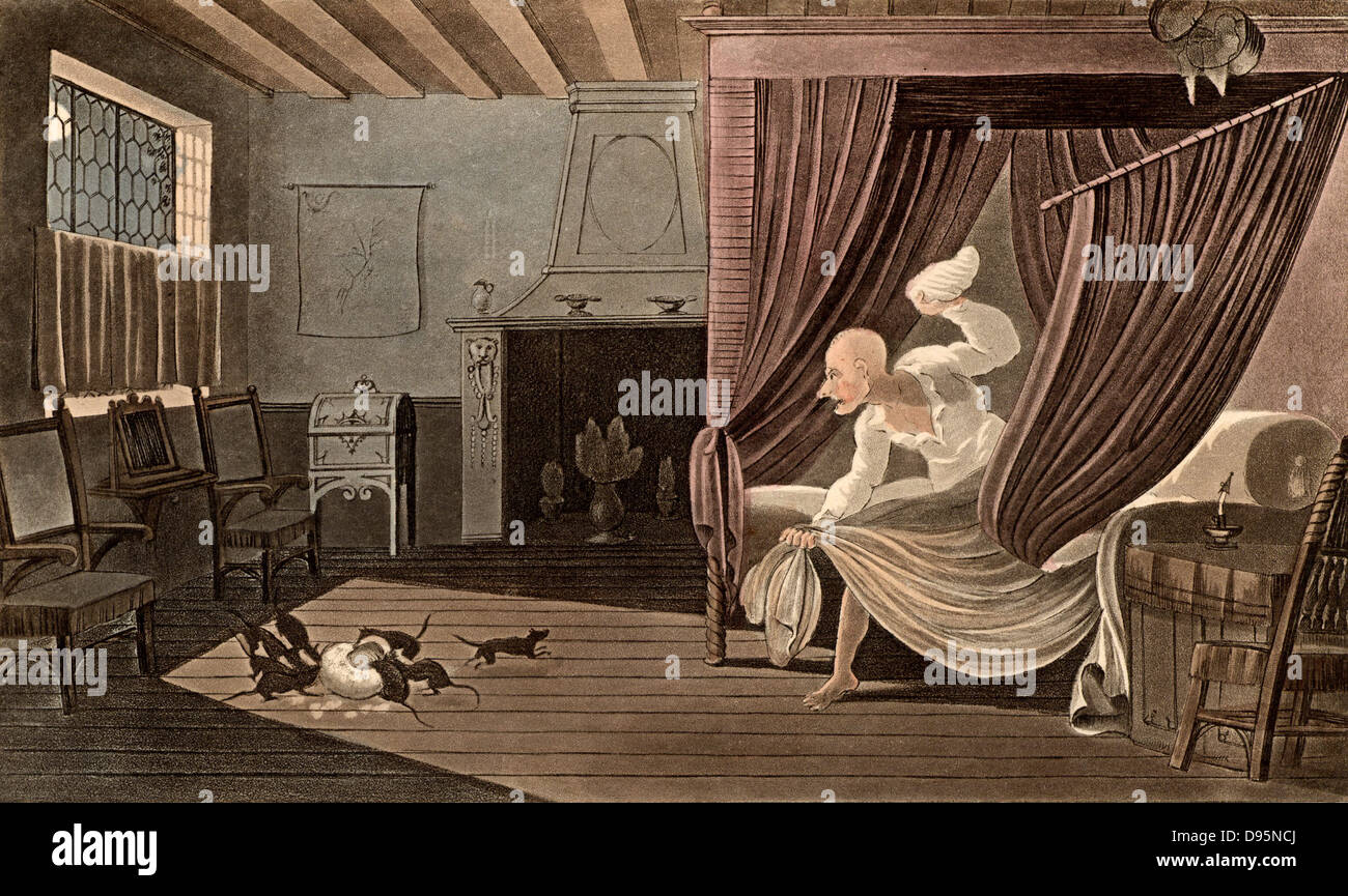 Dr Syntax Loses his Wig.  Rats eating the Doctor's wig while he is in a four-poster bed with tester (canopy) and curtains. Thomas Rowlandson illustration for 'The Tours of Dr Syntax' by William Combe (London, 1820). Aquatint. Stock Photo