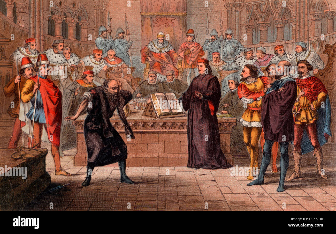 Portia, disguised as an advocate Balthazar, defends Antonio against Shylock's claim for a pound of flesh in settlement of his debt.  'The Merchant of Venice' Act IV, Scene I. Illustration by Robert Dudley (active 1858-1893) published 1856-1858 for the comedy 'The Merchant of Venice' by William Shakespeare, written between 1596 and 1598.  Chromolithograph. Stock Photo