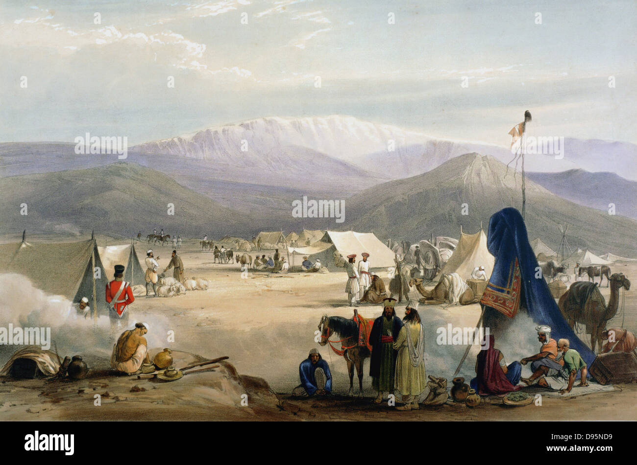 First Anglo-Afghan War 1838-1842: British army under canvas at Dadur at entrance to the Bolan Pass. Sioriab mountains in background. From J Atkinson 'Sketches in Afghanistan' London 1842. Hand-coloured lithograph. Stock Photo