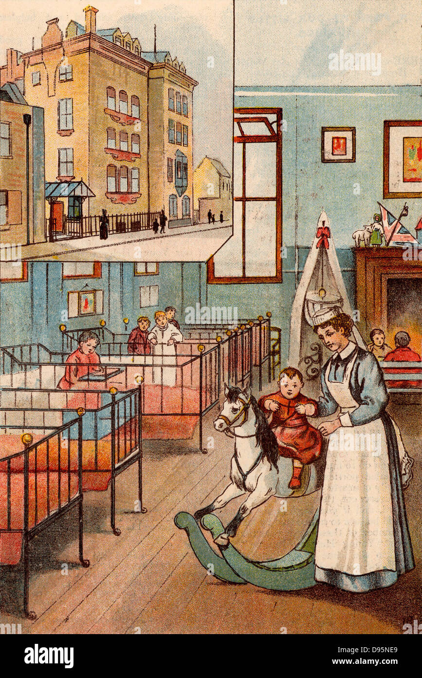 Borwick Ward for children under ten and, inset, Her Majesty's Hospital, Stepney Causeway, London. The hospital, run by Barnados, was opened in 1888 as a hospital for sick children.  It was closed in 1922 and its work continued by Barnados' JC Hanbury Hospital. From 'Bubbles' c1900 published by Dr Barnados Homes for Children. Oleograph. Stock Photo