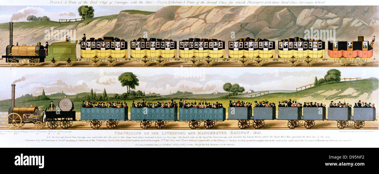 Travelling on the Liverpool and Manchester Railway 1831. Top: 1st class carriages drawn by locomotive 'Jupiter'. Bottom: 2nd and 3rd class carriages drawn by locomotive 'North Star'. The world's first passenger railway, the Liverpool and Manchester opened 15 September 1830:  Principal engineer George Stephenson. Lithograph. Stock Photo
