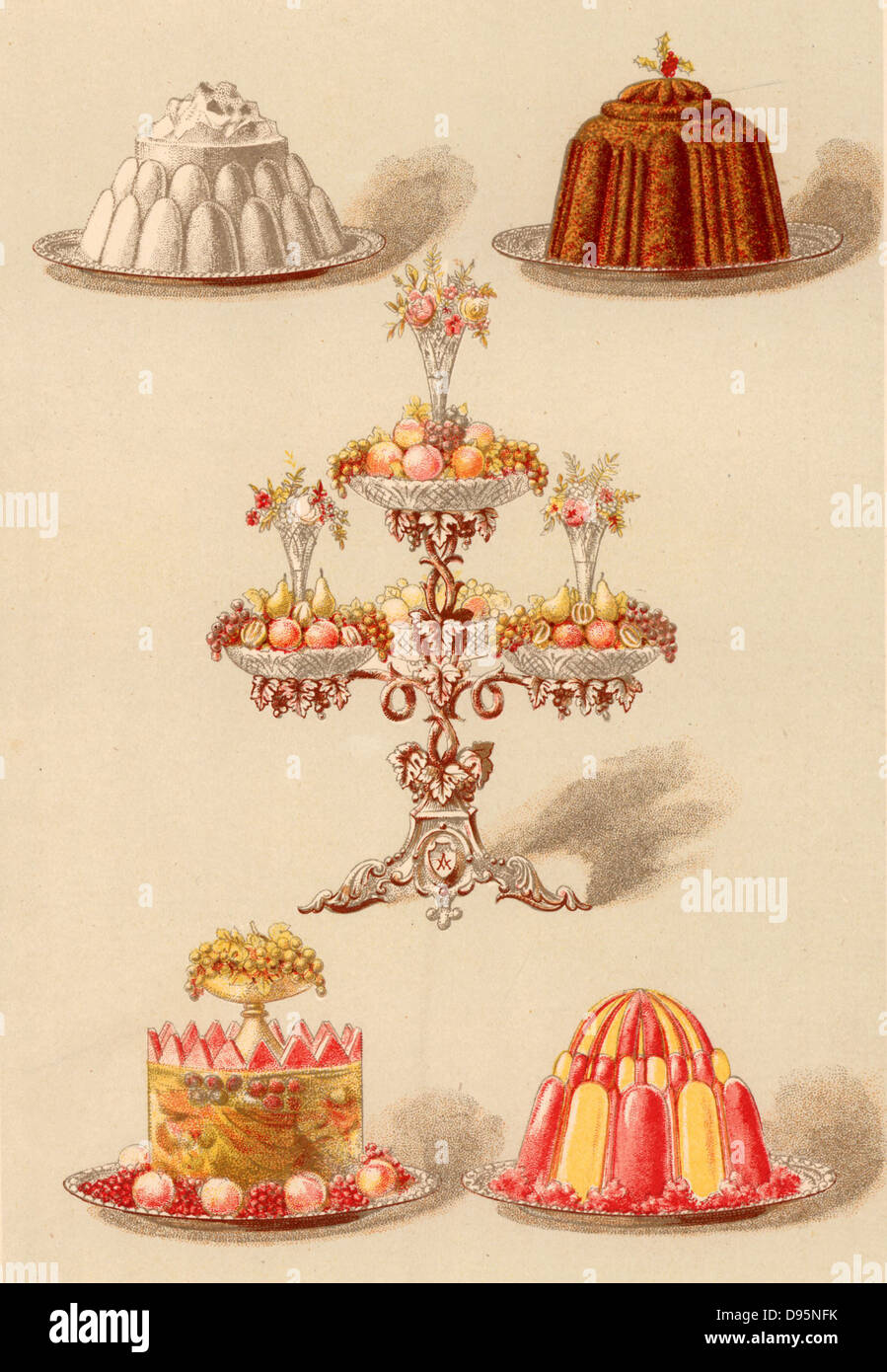 Moulded puddings for a dinner party. Blancmange, Christmas pudding