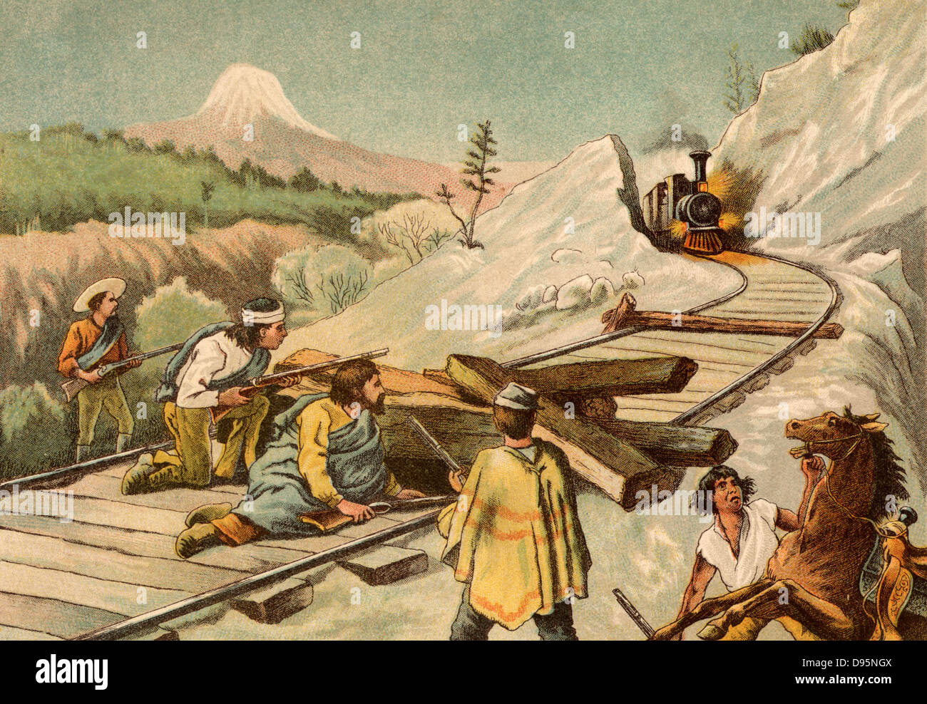 Bandits ambushing a train in the New Hampshire-Maine area of the United States.  Chromolithograph from 'Young England' (London, 1888). Stock Photo