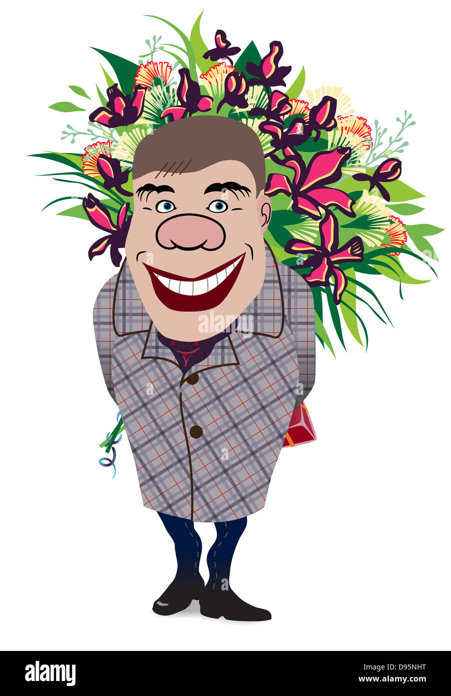Romantic cute guy with bunch of flowers and a gift Stock Photo - Alamy
