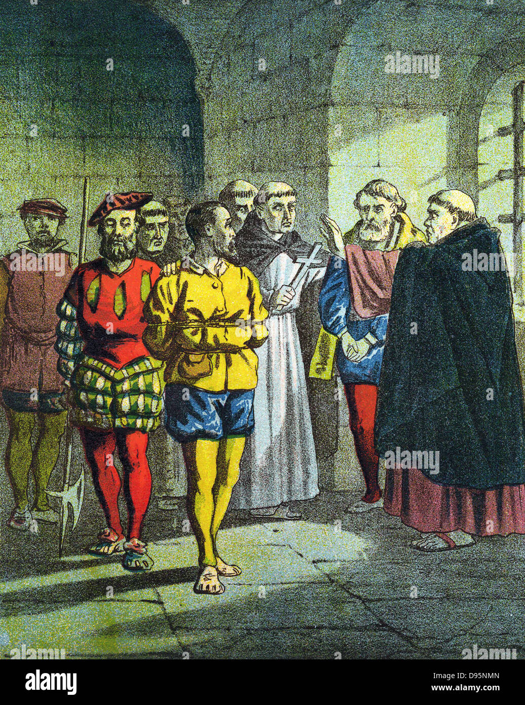 Baudicon Ogden & George Wishart (bc1513-1546), Scottish Protestant reformer, having been tried before Cardinal Beaton Bethune or Beautoun) and condemned to death, being urged to deny their faith and accept Rome.  Beaton assassinated in revenge for having the popular Wishart executed.  Chromolithograph from edition of 'Foxe's Book of Martyrs' c1860. Stock Photo